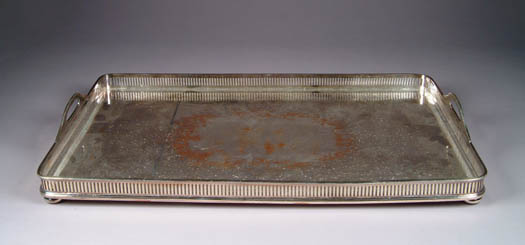 Appraisal: SILVER PLATED TWO HANDLED GALLERY TRAY Rectangular tray supported by