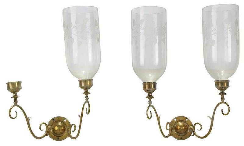 Appraisal: Pair Brass Sconces with Three Glass Shades British or American