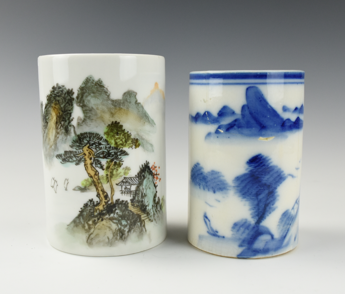 Appraisal: TWO CHINESE BRUSH POTS B W FAMILLE ROSE decorated with