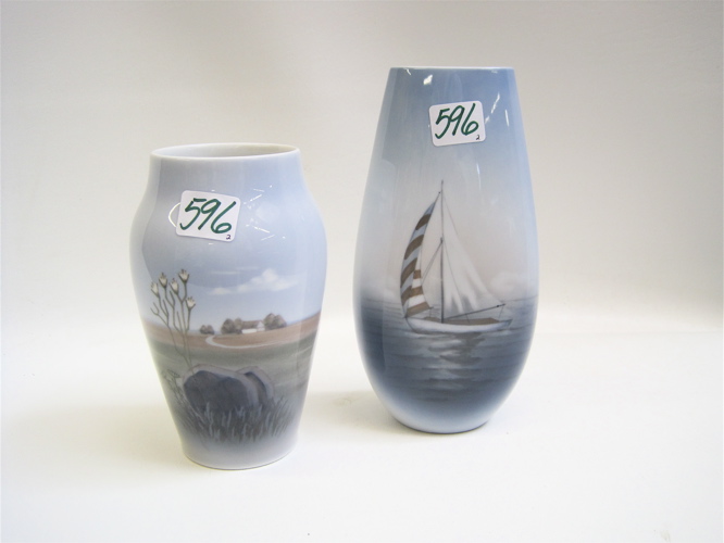 Appraisal: TWO DENMARK HAND PAINTED PORCELAIN VASES Royal Copenhagen landscape H