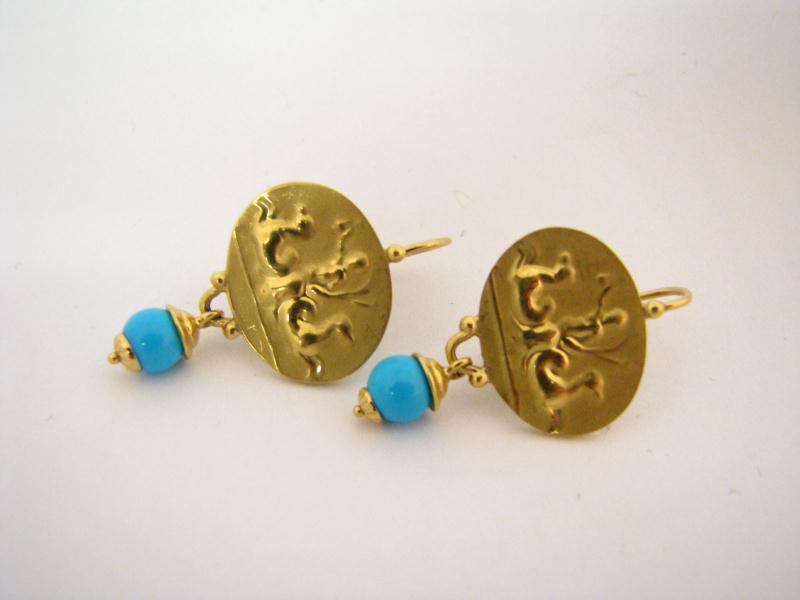 Appraisal: Lady's K YG and Turquoise Earrings with embossed decorative oval