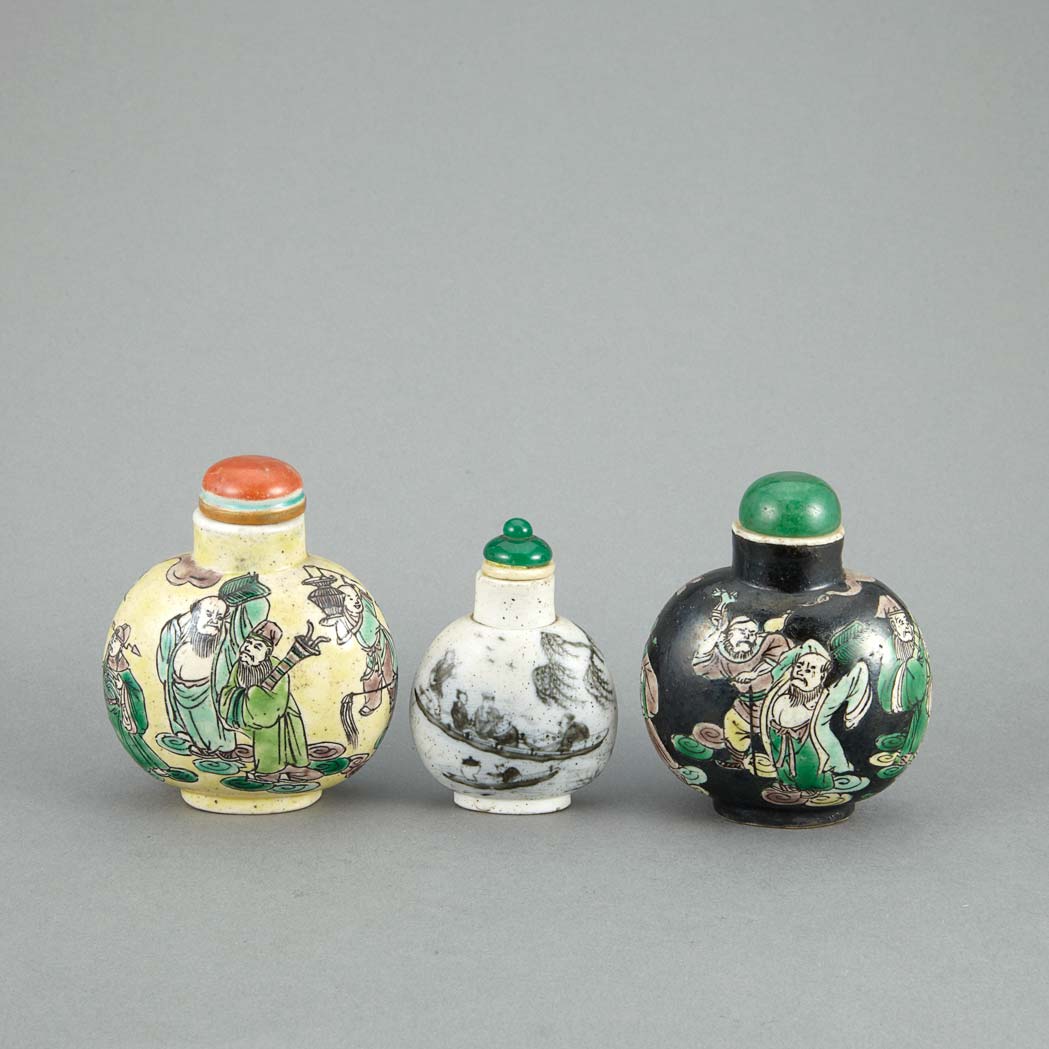 Appraisal: Two Chinese Famille Verte Glazed Porcelain Snuff Bottles Early th