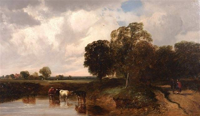 Appraisal: GEORGE SHALDERS British - A landscape with cattle watering at