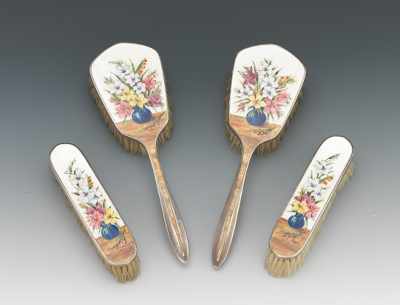 Appraisal: An Art Deco Silver and Enamel Brush Set A vanity