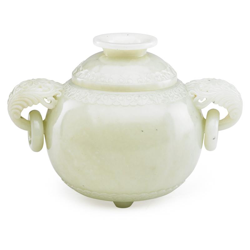 Appraisal: CHINESE CELADON JADE CENSER Open work and loose ring handles