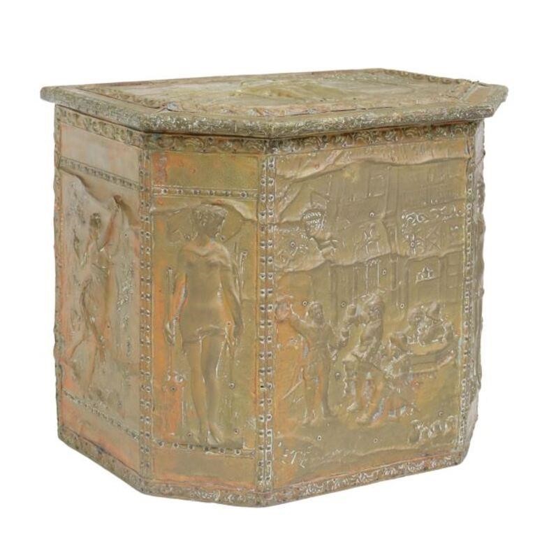 Appraisal: French brass-clad coal bin now with fabric lined interior various