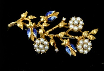 Appraisal: Italian Gold Flower Pin With Pearls and Enameling k yellow