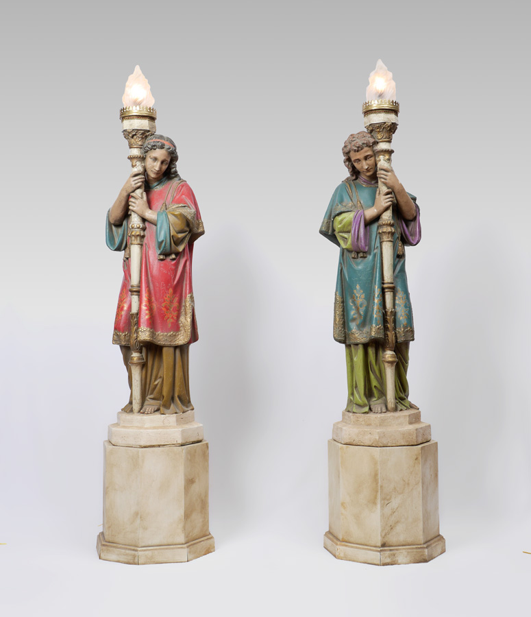 Appraisal: PAIR NEO-CLASSICAL FIGURAL FLOOR LAMPS Pair of decorative composite polychrome