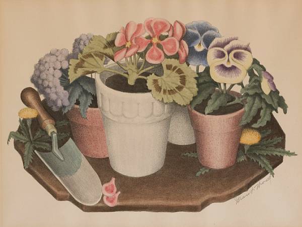 Appraisal: Grant Wood American - Tame Flowers C Lithograph with handcoloring