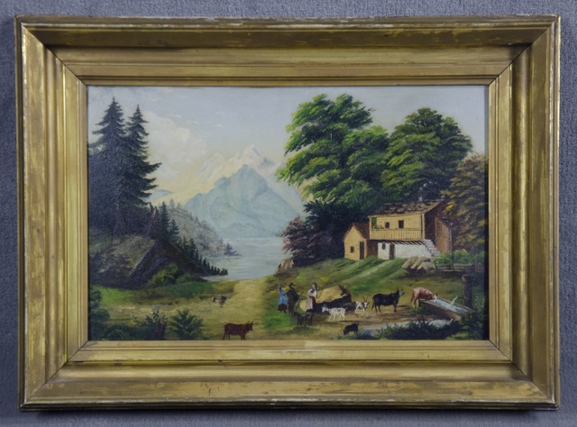 Appraisal: American School Oil on BoardIdyllic landscape with snow capped mountains