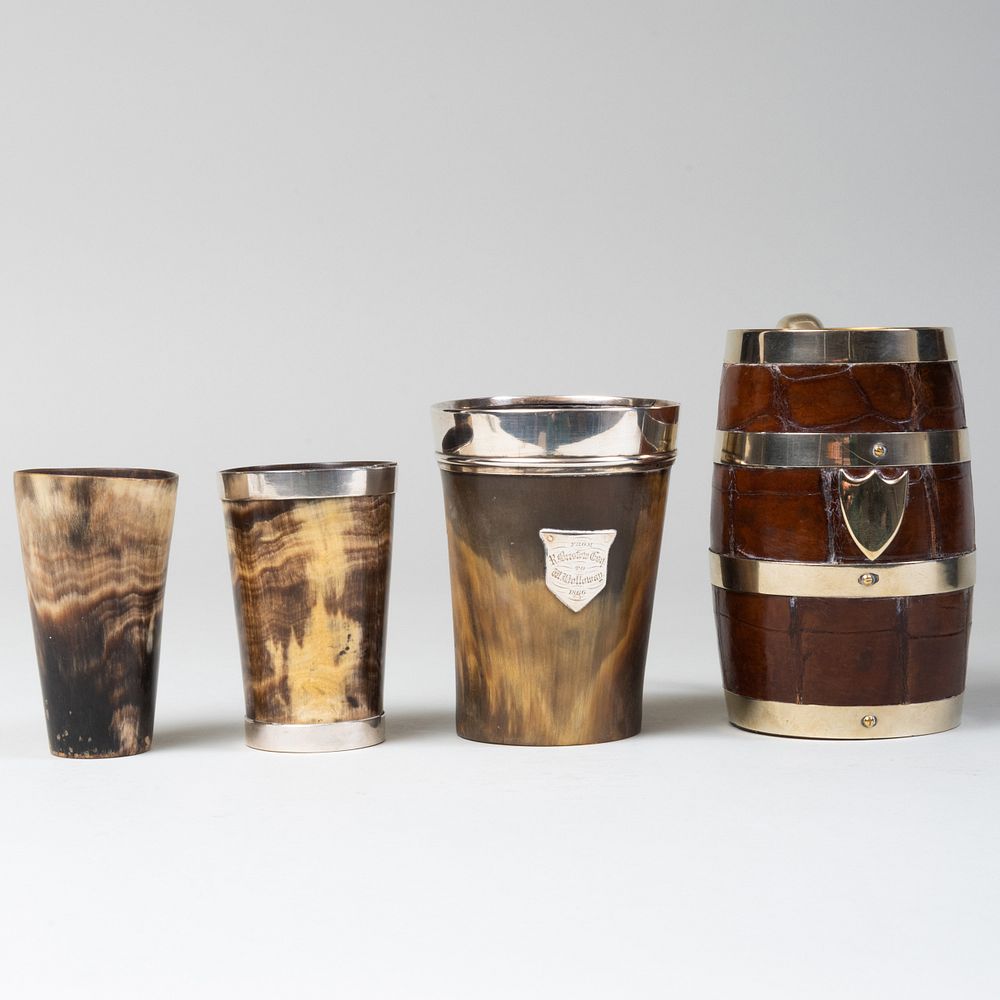 Appraisal: Group of Four English Horn and Leather Cups Comprising A