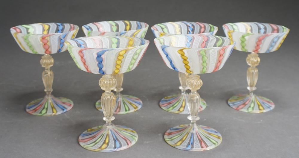 Appraisal: SET OF SIX VARICOLORED FILIGRANA GLASS COUPE CHAMPAGNE GLASSESSet of