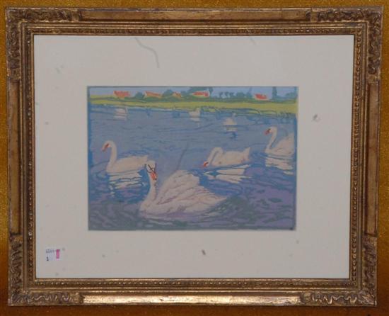 Appraisal: CONTEMPORARY SCHOOL Colored etched relief print Swans in a Pond