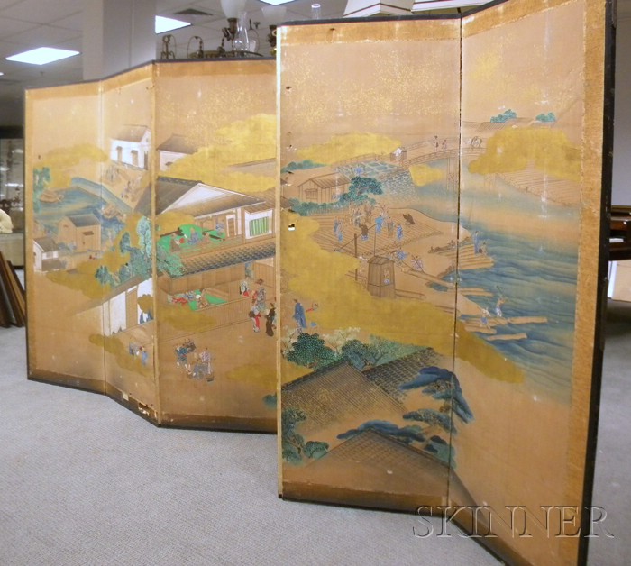 Appraisal: Japanese Painted Village Scene on Paper Six-Panel Folding Floor Screen