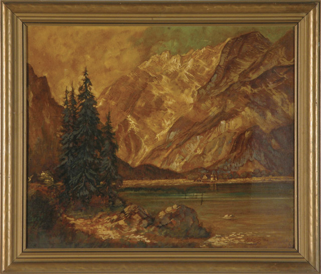 Appraisal: RUSSIAN OIL ON MASONITE dated Mountain landscape with boat dock