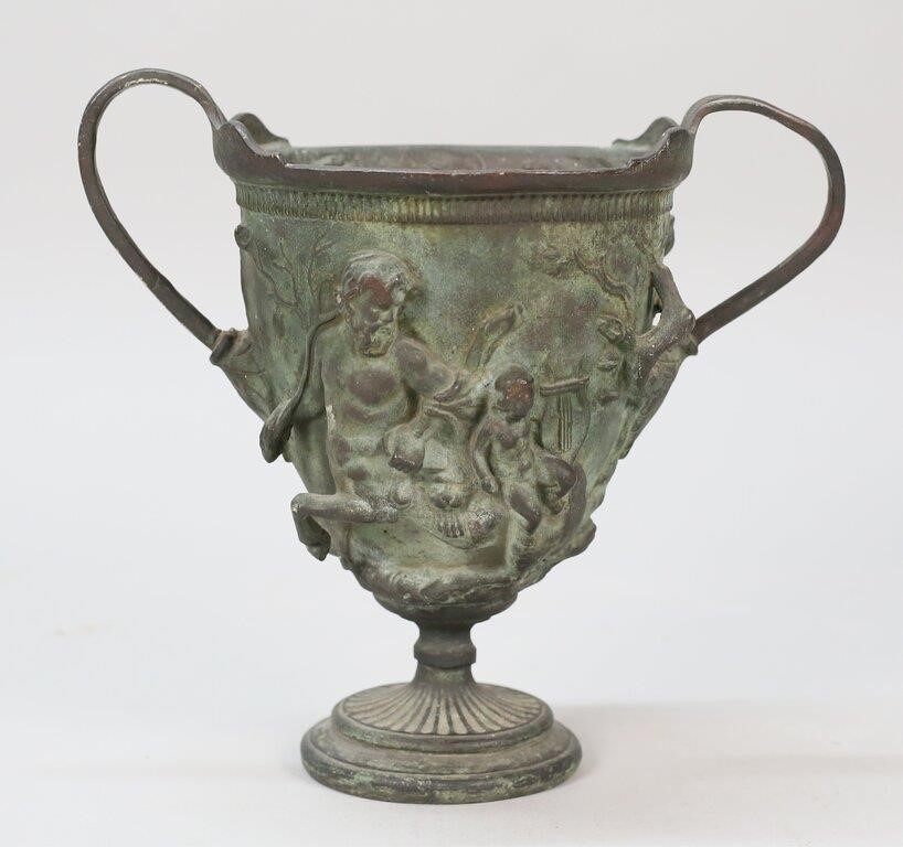 Appraisal: NEOCLASSICAL PATINATED BRONZE URNPatinated bronze urn with neoclassical scene H