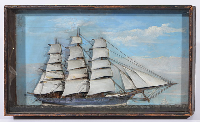 Appraisal: AN ANTIQUE PAINTED HALF HULL DIORAMA MODEL of a three