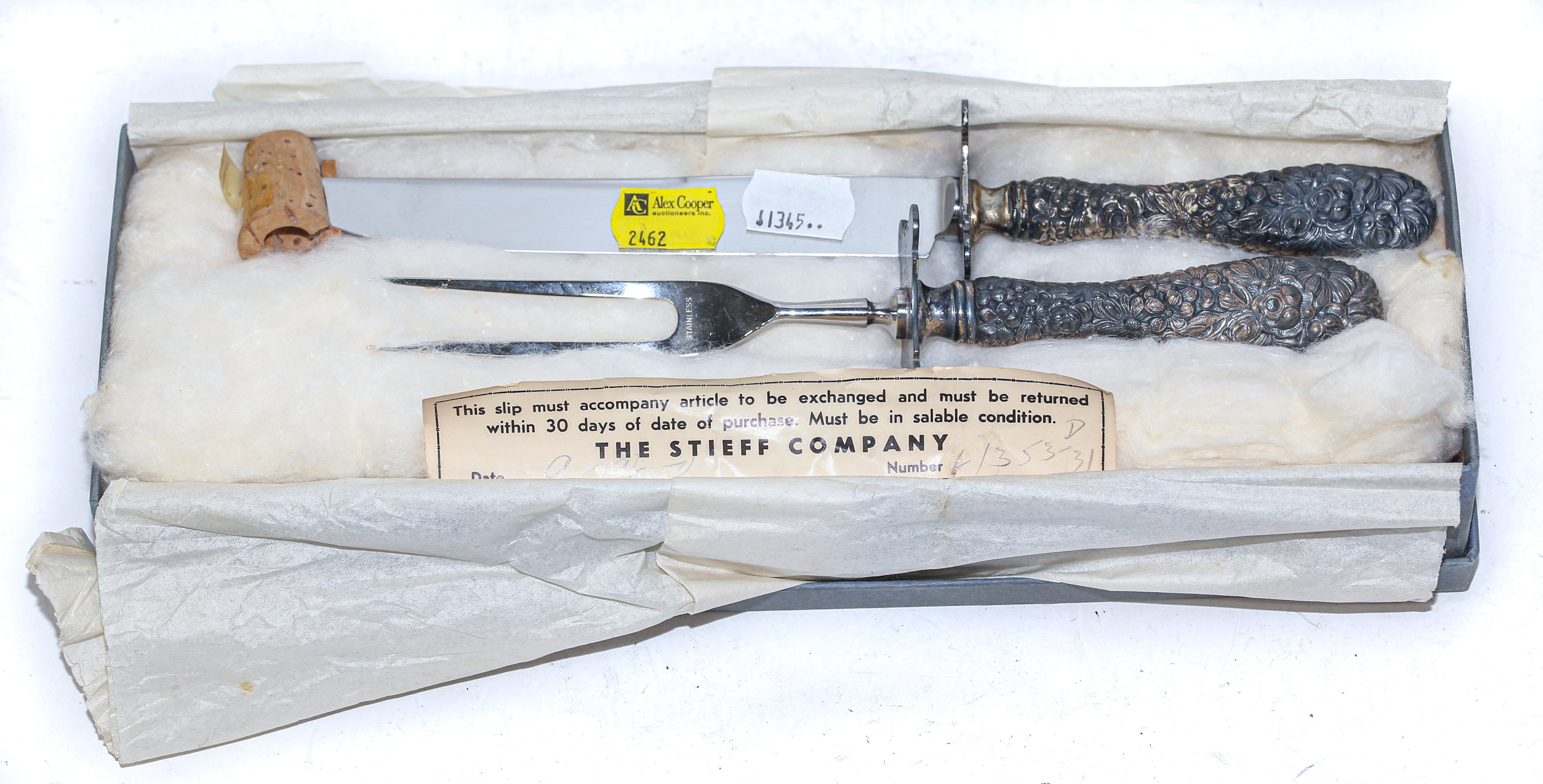 Appraisal: STIEFF STAINLESS STEEL STERLING CARVING SET With box