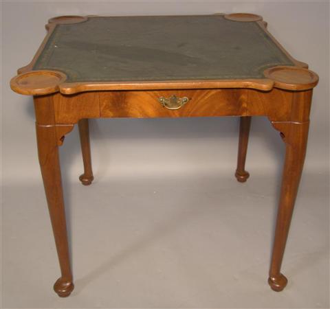 Appraisal: QUEEN ANNE STYLE GREEN EMBOSSED LEATHER TOP CARD TABLE The