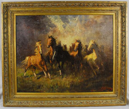 Appraisal: ZOLTAN BENYEY American Hungarian th century WILD HORSES oil on