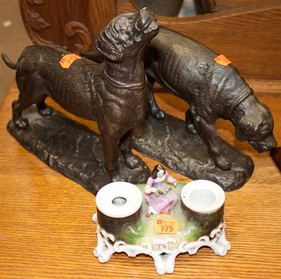 Appraisal: Two patinated bronze dog statues and a Victorian porcelain ink