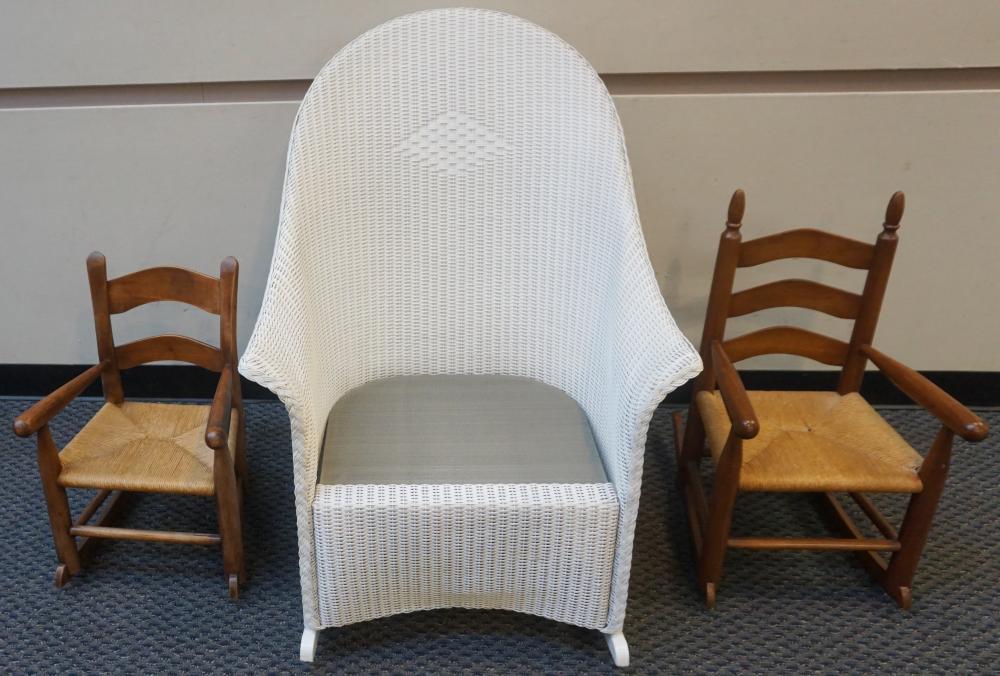 Appraisal: WHITE PAINTED WICKER ROCKING ARM CHAIR AND TWO YOUTH ROCKING