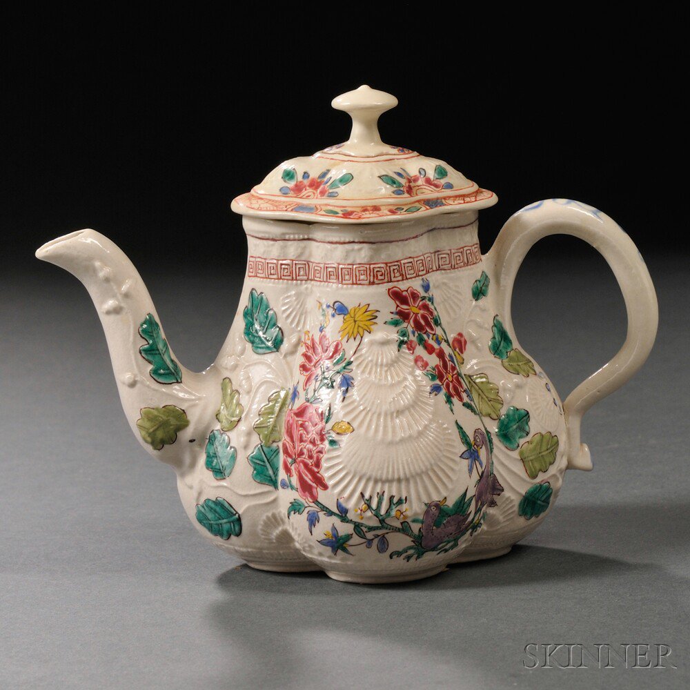 Appraisal: Staffordshire Enameled Salt-glazed Stoneware Teapot and Cover England c molded