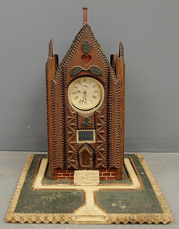 Appraisal: - Tramp Art carved Gothic form clock tower building th