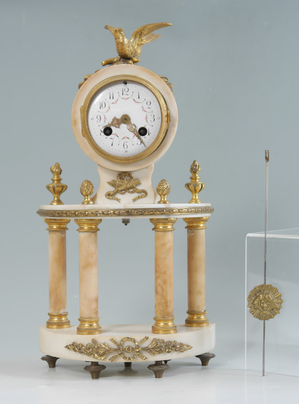 Appraisal: FRENCH MARBLE DEMI LUNE PORTICO CLOCK Carved white variegated marble