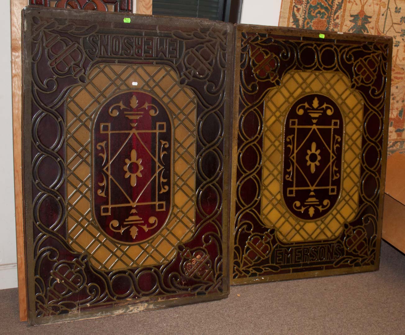 Appraisal: Two contemporary stained panels possibly resin from Emersons Steak House