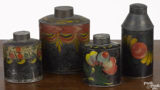 Appraisal: Four toleware tea caddies th c retaining their original polychrome