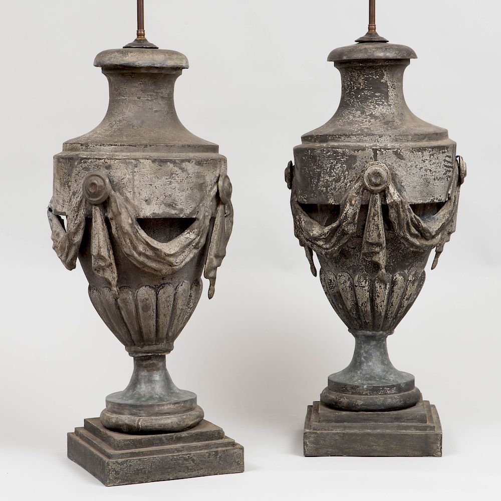 Appraisal: Pair of Large Zinc Urns Mounted as Lamps The urns