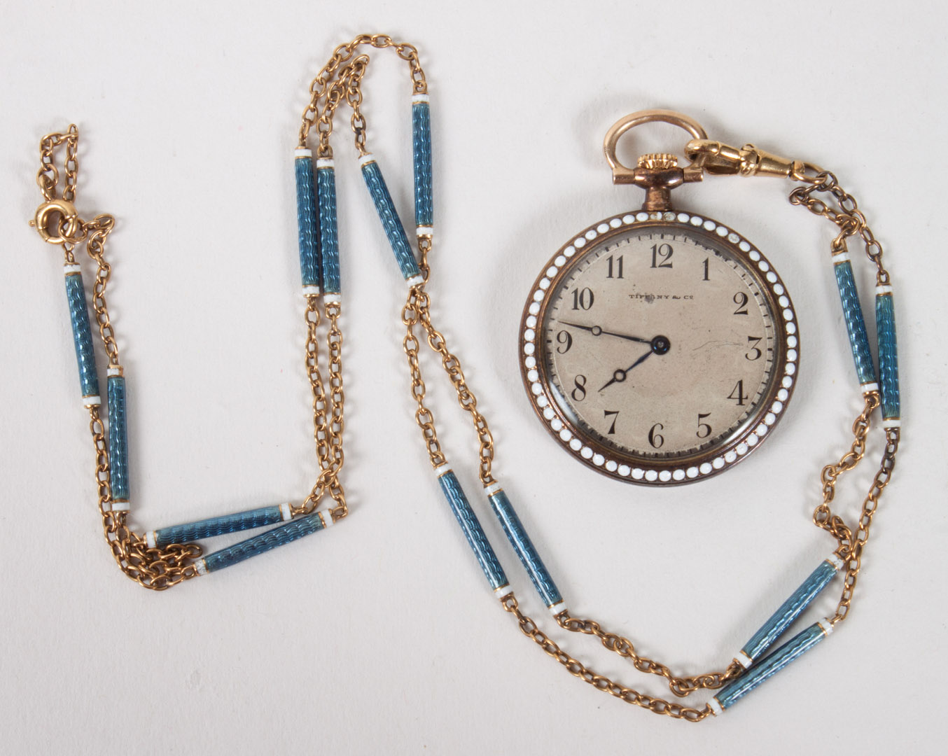 Appraisal: Tiffany guilloche enamel pendant watch chain in L Condition Additional