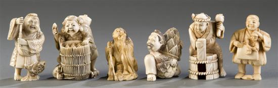 Appraisal: Group of carved ivory bone figural netsukes th century Cooper