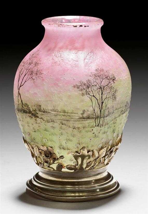 Appraisal: DAUM NANCY VASE circa Acid-etched and enamelled pink and green