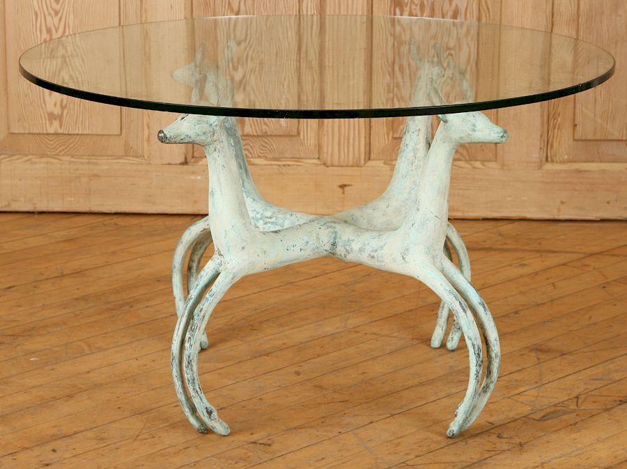 Appraisal: ARMAND-ALBERT RATEAU STYLE DEER FORM COFFEE TABLE A bronze Armand-Albert