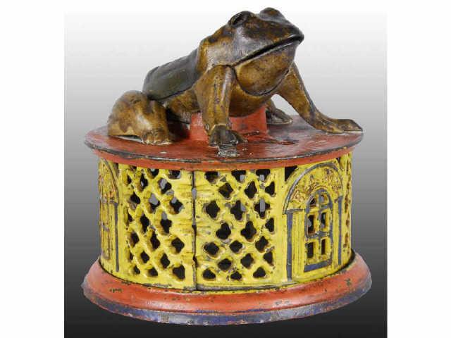 Appraisal: Cast Iron Frog on Base Mechanical Bank Description -Red J