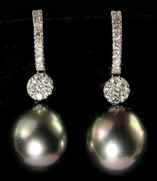 Appraisal: Tahitian Pearl and Diamond Ear Pendantseach set with a Tahitian