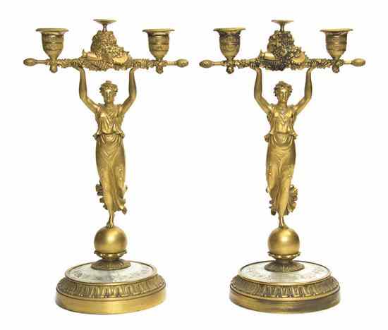 Appraisal: A Pair of French Gilt Bronze and Mother-of-Pearl Two-Light Candelabra