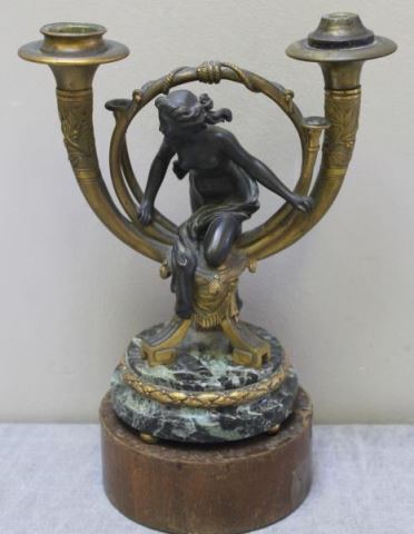 Appraisal: Bronze Patinated Bugle Form Figural Candlebra From an Elmsford NY