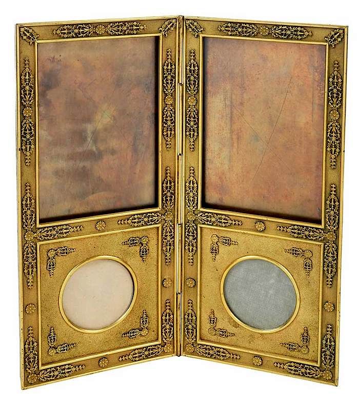 Appraisal: French Gilt Bronze Double Photograph Frame late th century folding