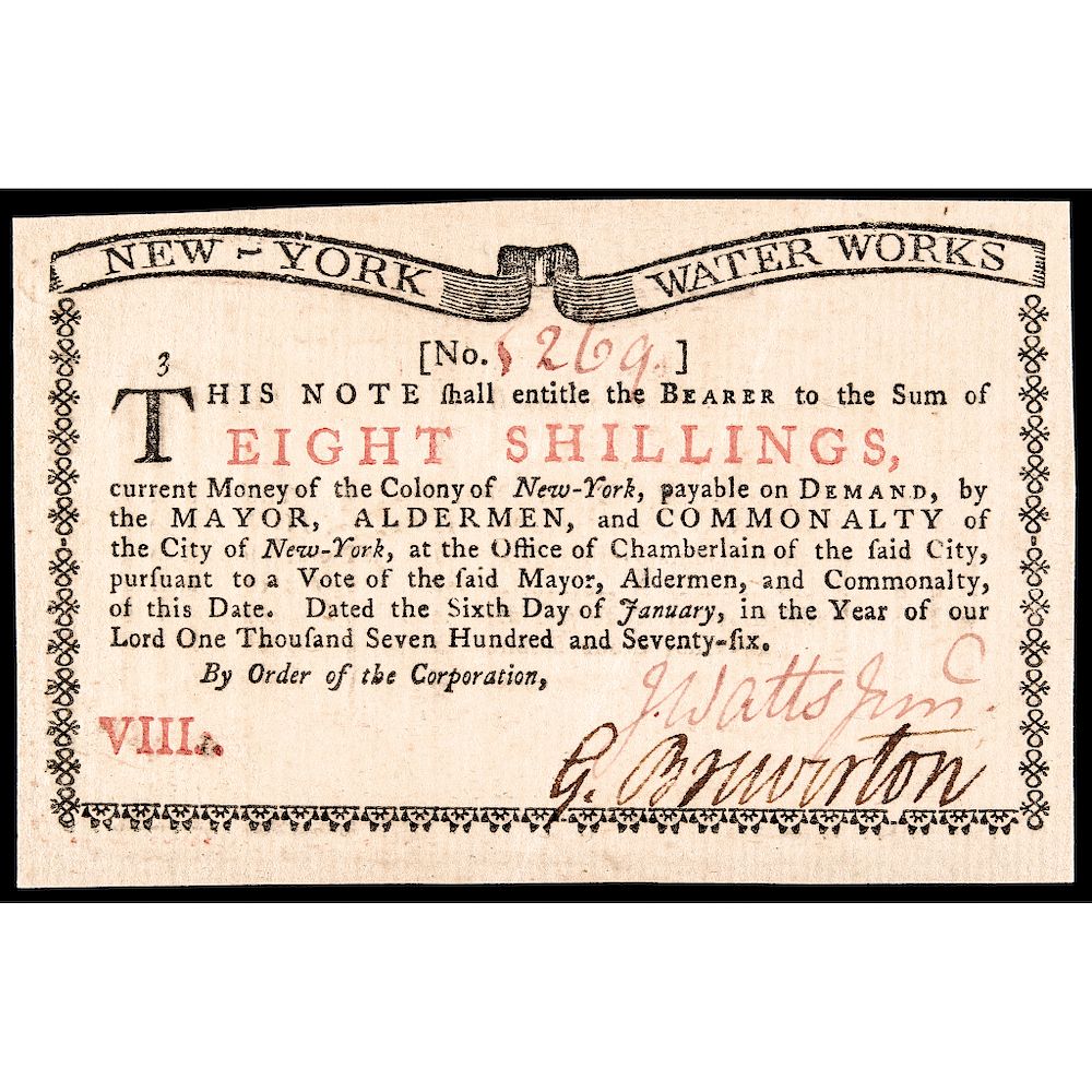 Appraisal: Colonial Currency New York January NEW YORK WATER WORKS Gem