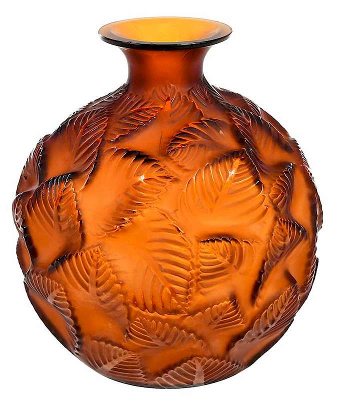 Appraisal: R Lalique Ormeaux Dark Amber Vase circa engraved R Lalique