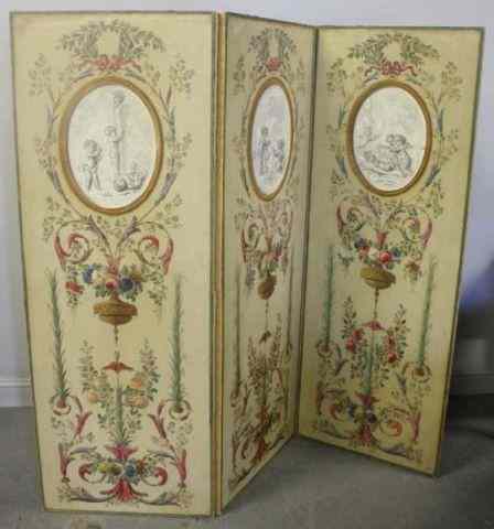 Appraisal: Beautiful Antique Hand Painted Tri Fold DressingScreen Neoclassical style decoration