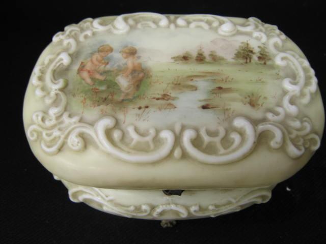 Appraisal: Wavecrest Victorian Art Glass Dresser Box oval scarce scene with