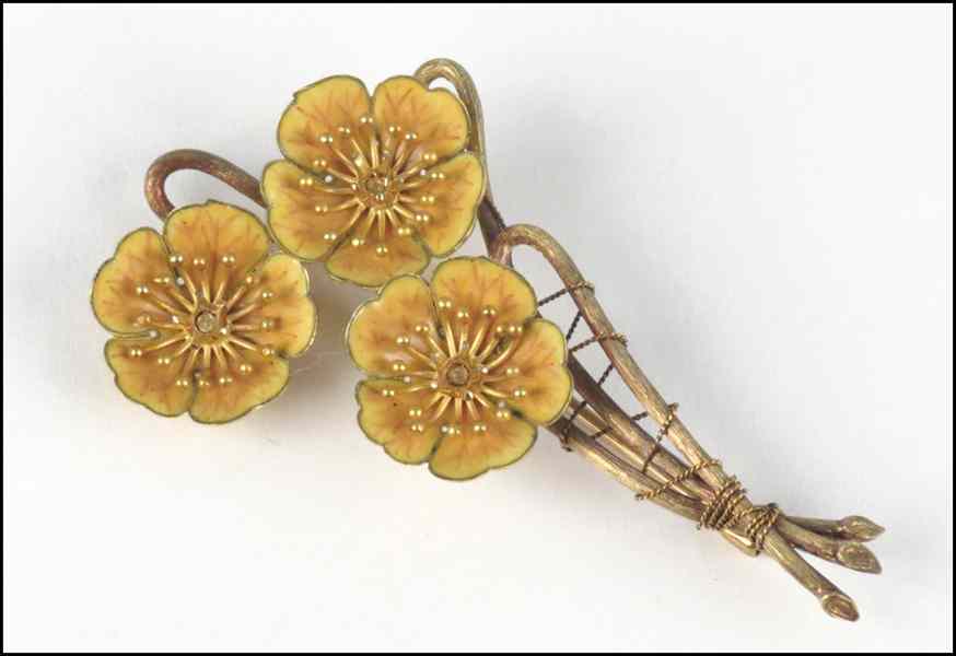 Appraisal: TIFFANY COMPANY ENAMEL AND KARAT YELLOW GOLD FLOWER BROOCH Three