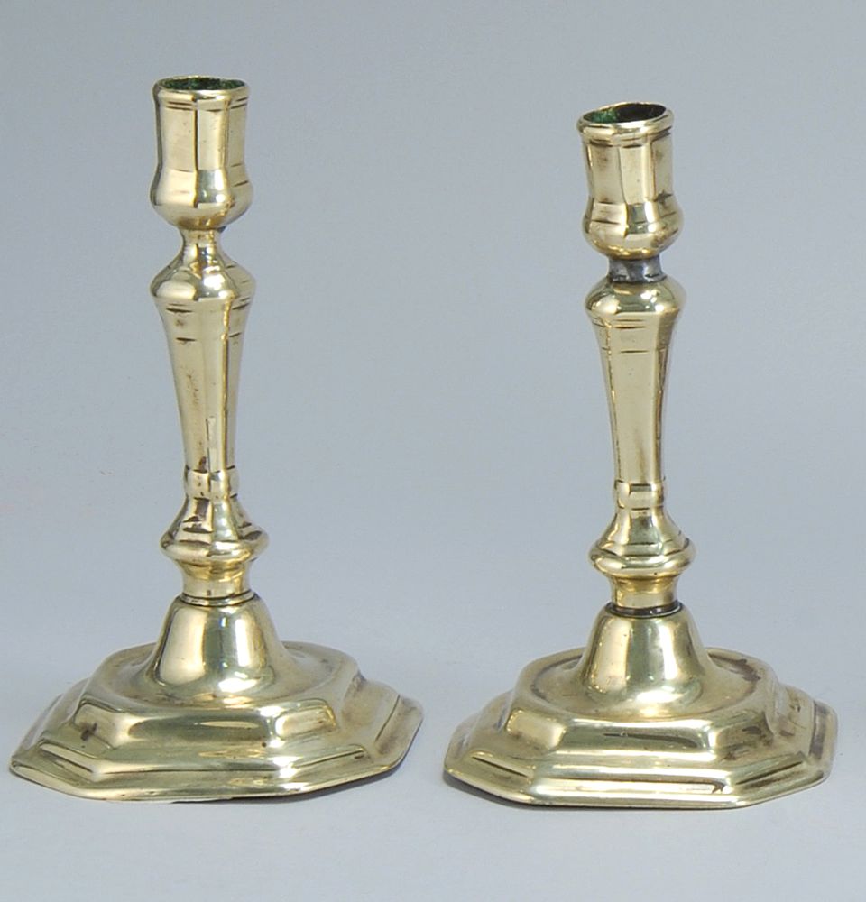 Appraisal: PAIR OF QUEEN ANNE BRASS CANDLESTICKS Mid- th CenturyWith square