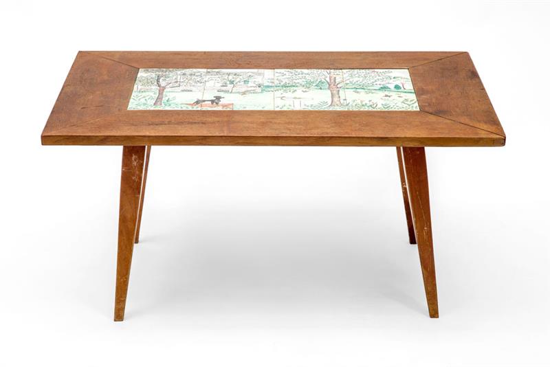 Appraisal: AIDA WHEDON TILE TOP COFFEE TABLE DATED Mahogany and hand-painted