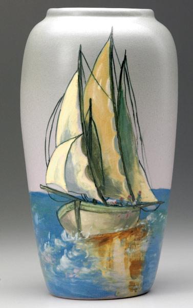 Appraisal: WELLER Hudson vase by McLaughlin with sailboats Opposing hairlines at