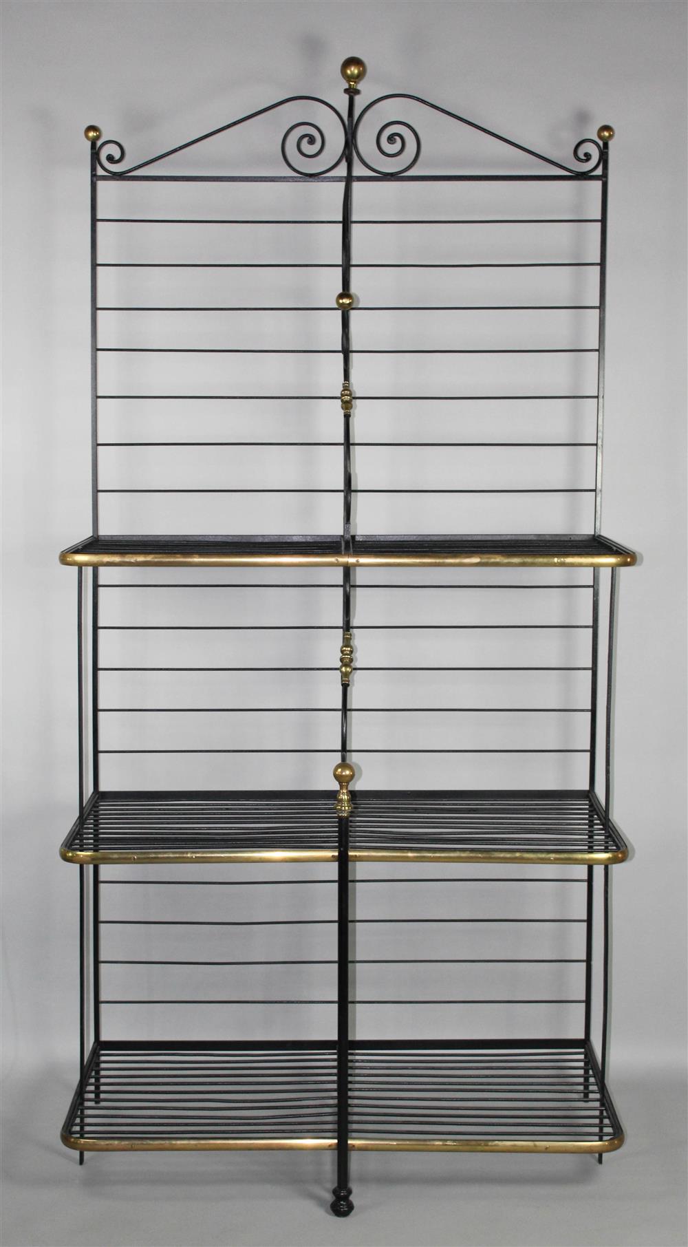 Appraisal: TALL FRENCH STYLE BLACK IRON BAKER'S RACK WITH BRASS ACCENTS